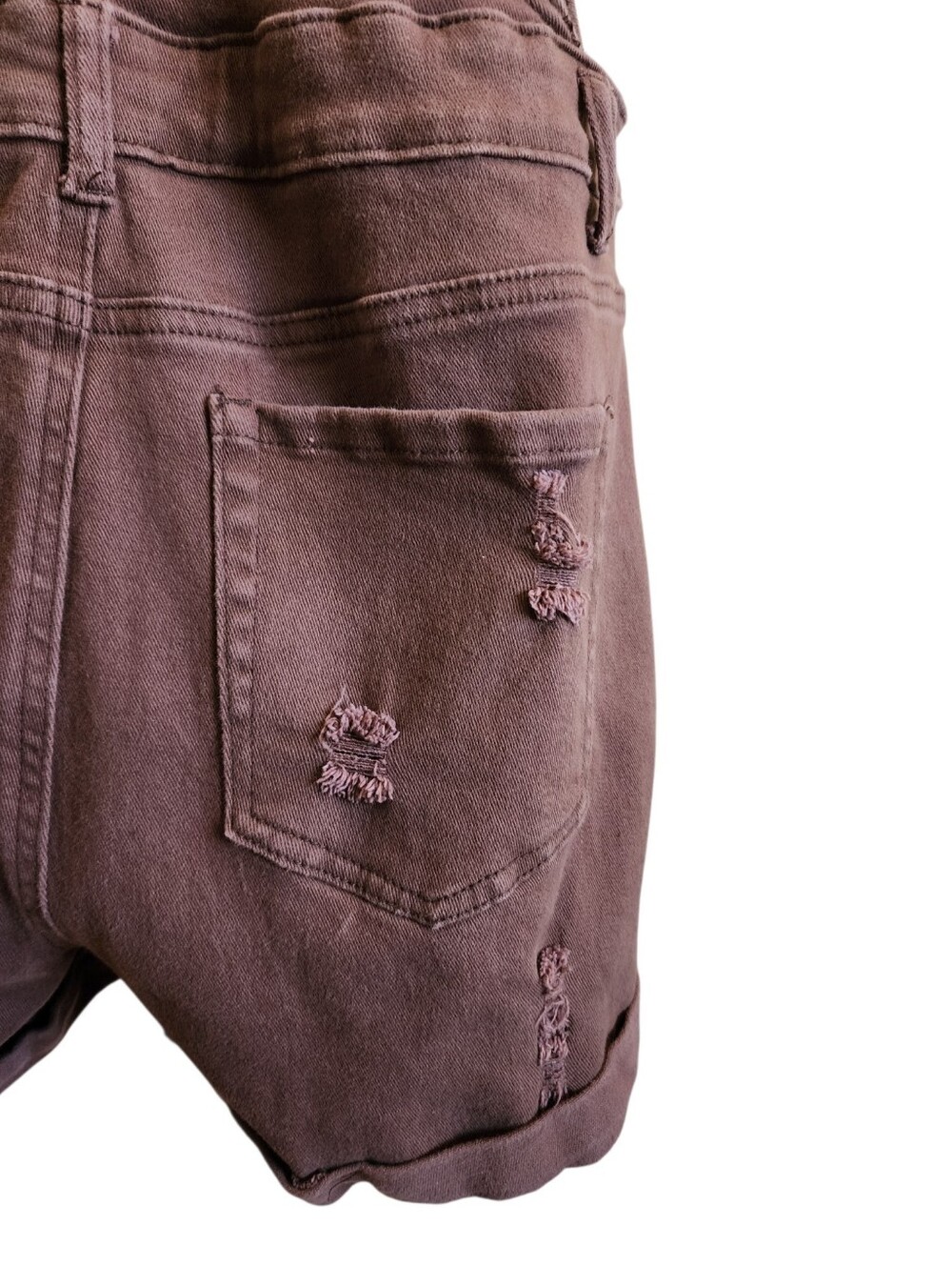 Overall brown denim shorts distressed casual adjustable straps, pockets, fun! - Picture 10 of 14